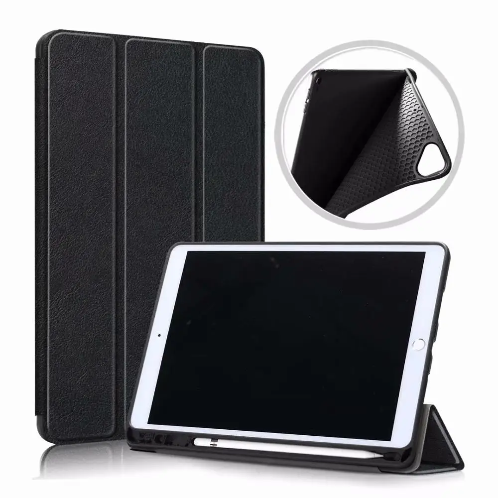 

New Arrivals 3 Fold Leather Flip Stand Case for iPad 10.2 with Pen Holder, Black, blue, red, gray, rose gold