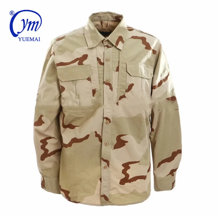 

yuemai Mens ripstop Camouflage Military BDU uniform shirt Wholesale Tri-color Desert Tactical Army Combat Shirt with Long Sleeve, Customerized