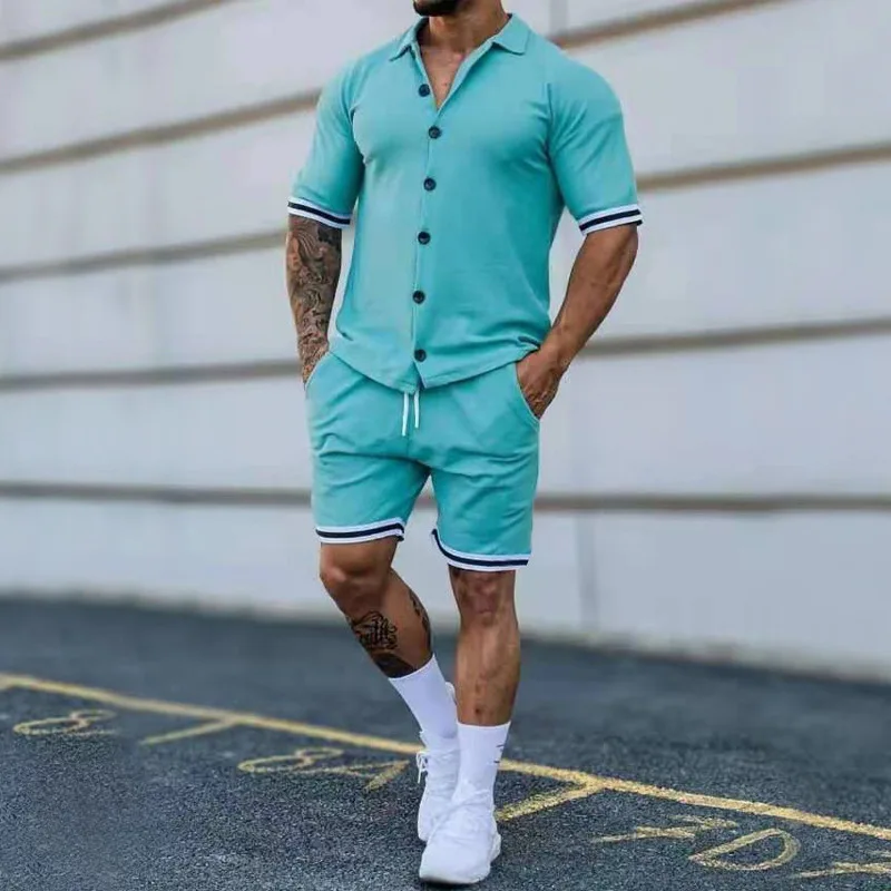 

2022 summer men's trend new solid color lapel buttoned two pieces short-sleeved shirt shorts suitsets
