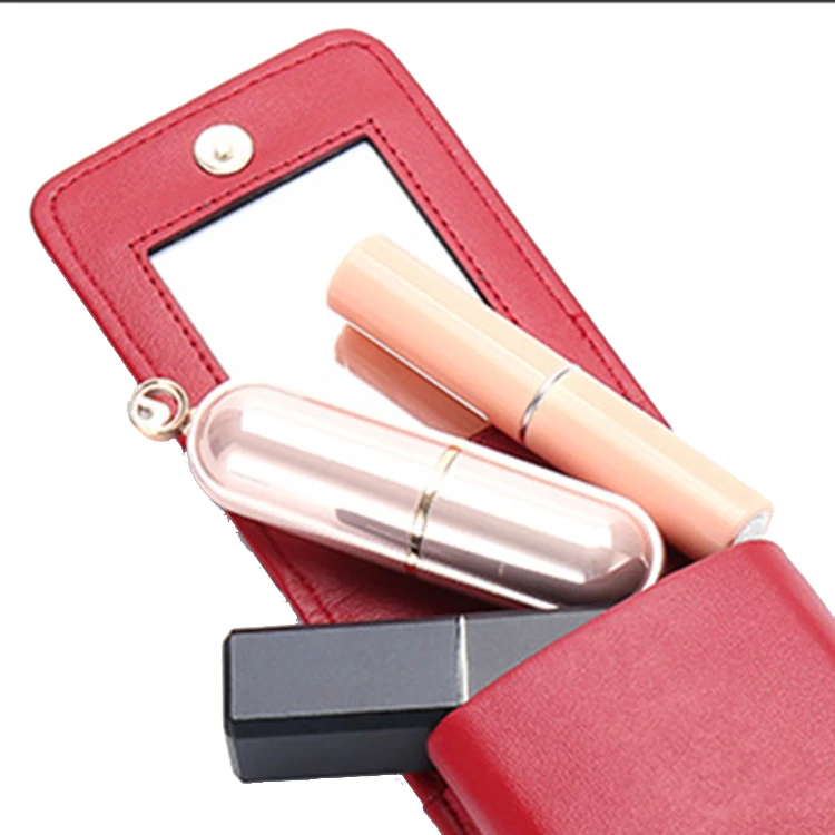 Lipstick Case With Mirror Cute Portable Makeup Bag Genuine Leather