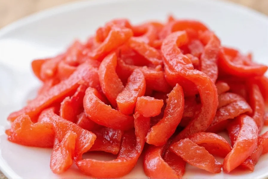 Close-up of homemade pickled red ginger showing natural pink color development in glass jar with rice vinegar solution