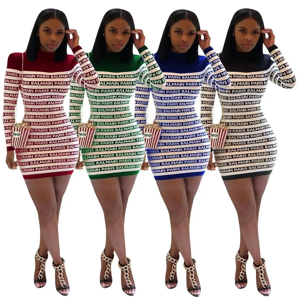 

fashion white and black letter printed turtleneck long sleeve mini casual dress women