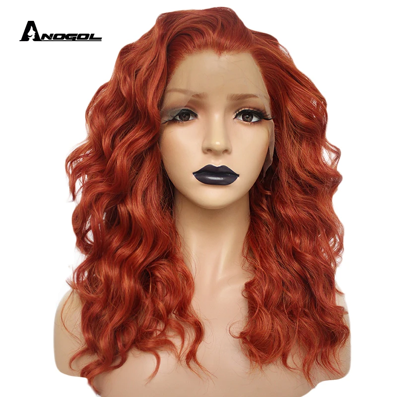 

Anogol Auburn Orange High Temperature Fiber Middle Deep Wave Hair Wigs Synthetic Lace Front Wig For Women Side Part, Copper red