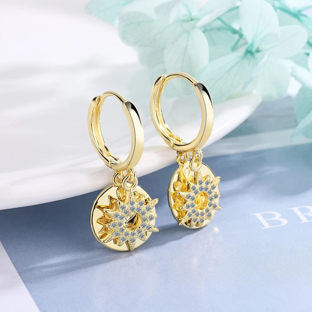 

Hot selling inset zircon simple blue eye earrings temperament double sun earrings for women