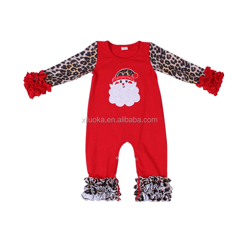 

High Quality Appliqued Santa Leopard Print Long Sleeve Christmas Girl Romper