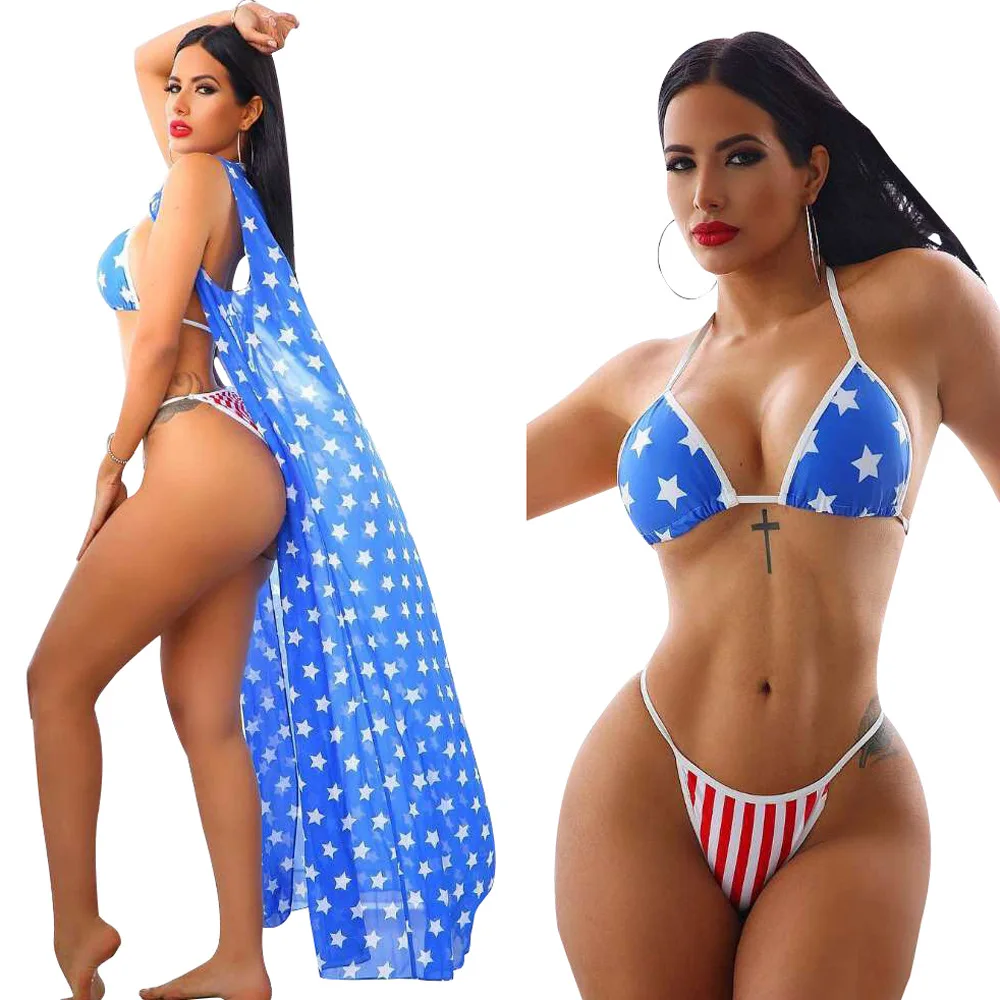 

2021 Summer Three Piece Women Swimwear Cover Up 3 Piece Swimsuit Sexy Printed Bikini