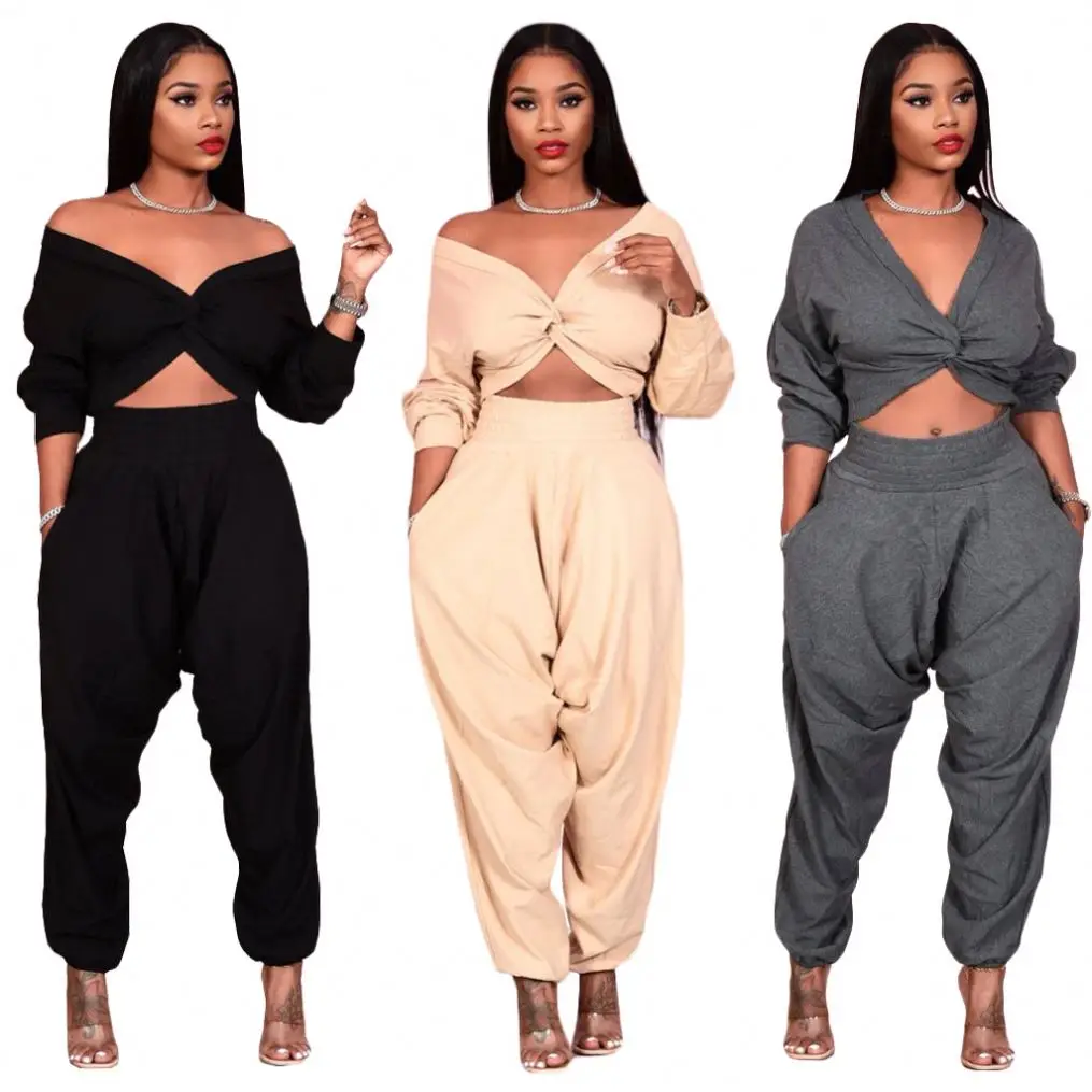 

2021 Off Shoulder Full Sleeve Crop Tops winter two piece set Stacked Pants Sets Women's Autumn 2 piece pants sets women Outfits