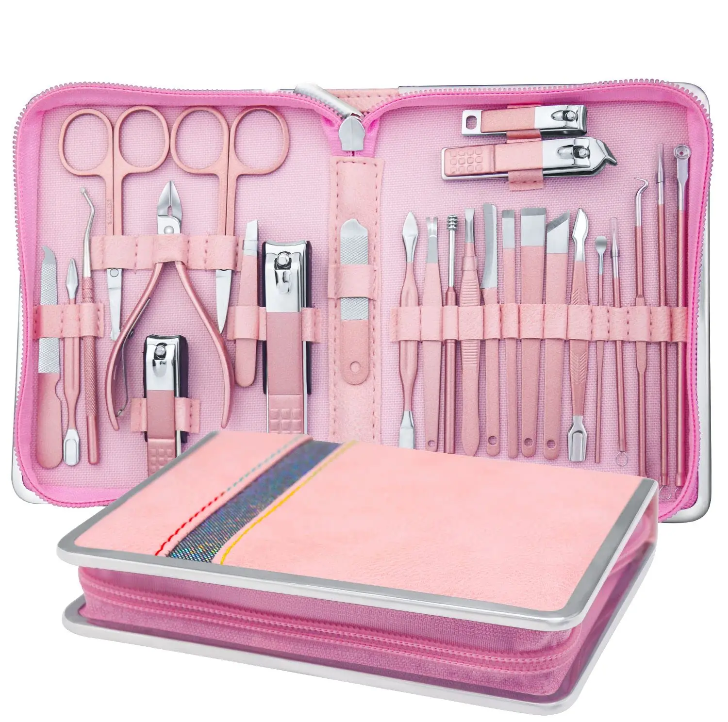 

Custom Logo 16pcs/set Pink Manicure Pedicure Tool Carton Steel Black Nail Clipper Sets with PU Leather Bag