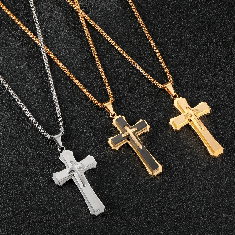 

Wholesale Waterproof Two Tone Cross Pendant Necklace Mens Black And Gold Plated 316L Stainless Steel Cross Pendant Necklace