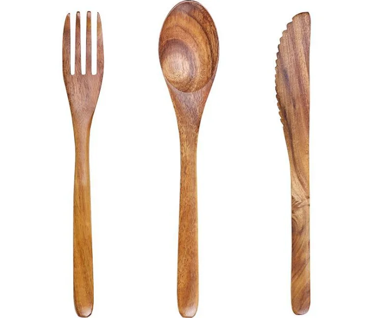 

Luxurious Eating Wooden Flat Dinnerware Outdoor Camping Travel Gift Reusable Old Wood Cutlery Knife Fork Spoon Set