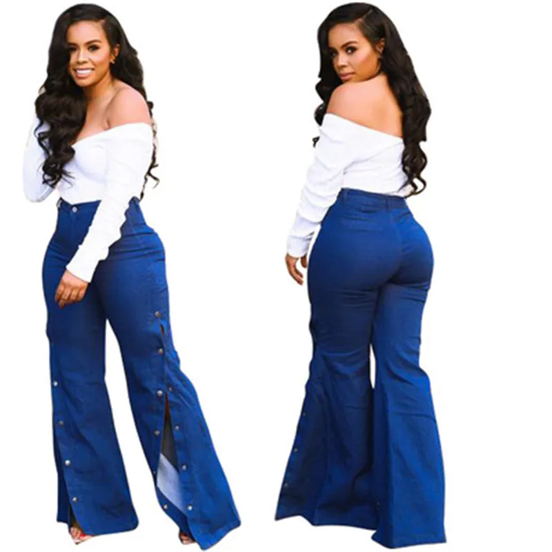 

Women personality washed Jeans Stylish wild personality split wide leg high waist elastic pants, Blue