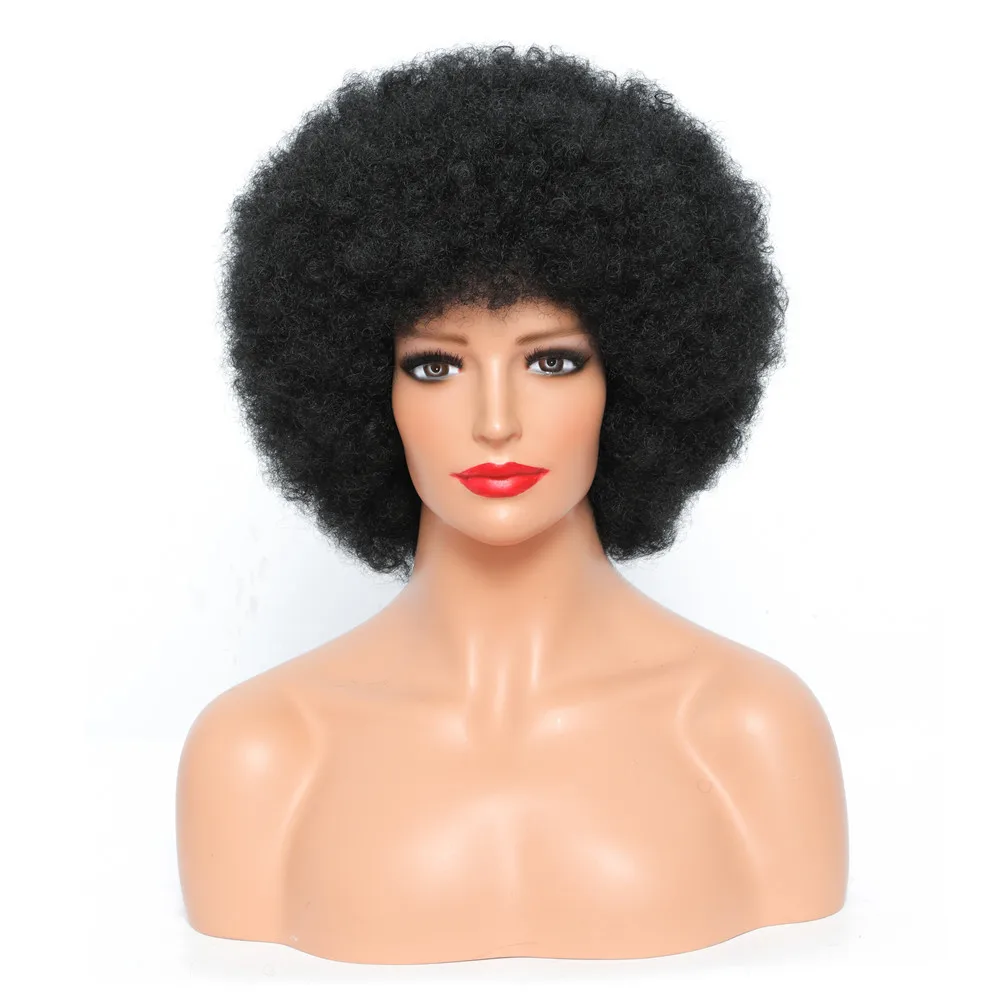 

Short Hair Wigs Natural Black Afro High Temperature Fiber Wig Machine Made Non Lace Afro Curly Synthetic Wigs For Women, Pic showed