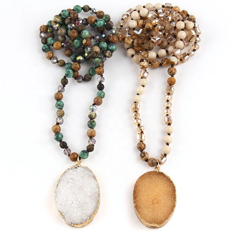 

Fashion Bohemian Jewelry Necklace 6mm Beaded Stone Knotted Natural Stones Druzy Pendant Necklaces For Women Festival Gift