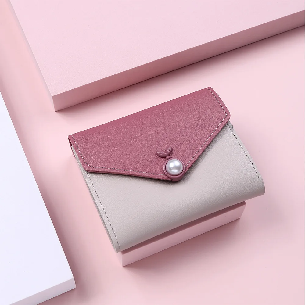 

Pink black PU fashion short ladies buckle wallet female student Hit color wallet Funny Card Coin Purse, Red