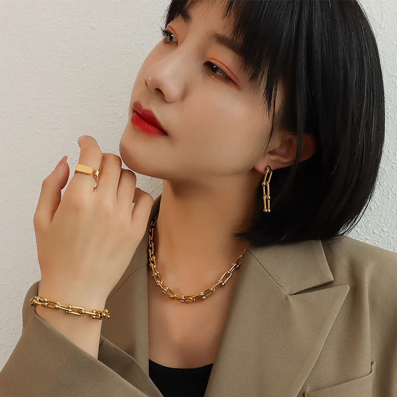 

5MM 7MM U Shaped Link Chain Choker Necklace Bracelet Jewelry Set Stainless Steel Women Goth Cuba Twisted Chunky Thick Punk Bomen