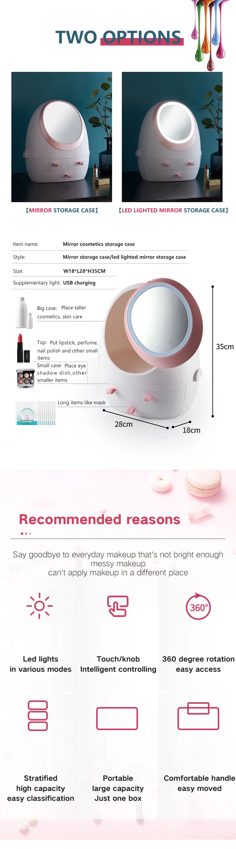 New Fashion Vanity Makeup Box With Led Light Mirror Drawer Type