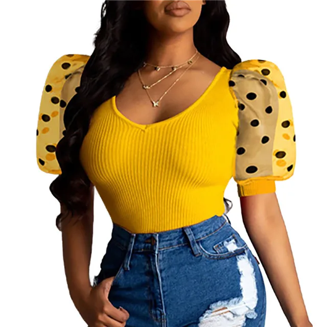 

Summer New Slim Puff Sleeve T-shirt Women Fashion Casual Top Short Sleeve Top Female, Picture showed