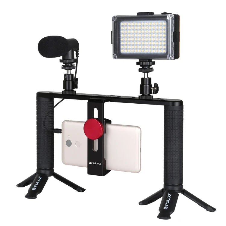 

PULUZ 4 in 1 Smartphone LED Selfie Light + Video Camera Cage Rig + Microphone + Tripods Kits + Tripod with Cold Shoe