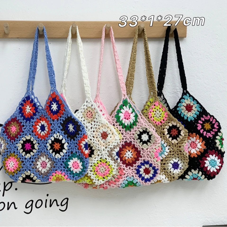 

Women Multi Colored Hollow Out Flowers Woven Knitted Tote Beach Bag, Customized color