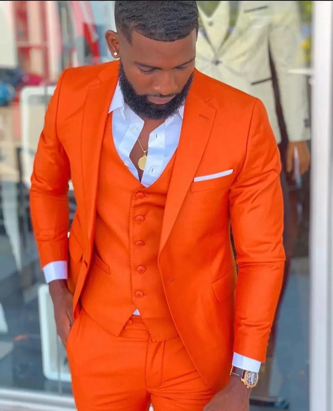 

Bright Orange Notch Lapel Men Suits Costume Homme Wedding Dress Tuxedos Terno Masculino Slim Fit Groom Prom Party Blazer 3 Pcs, Same as picture/custom made