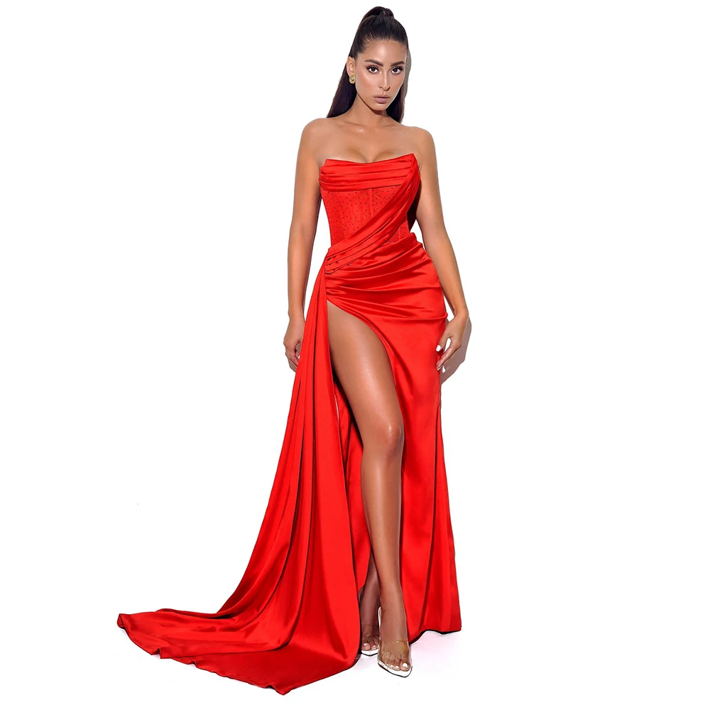 

JillPeri Strapless Diamante Crystal Solid Red Gown Christmas Birthday Celebrity Outfits Sexy Women Slit Draped Evening Dress, Red,white,yellow