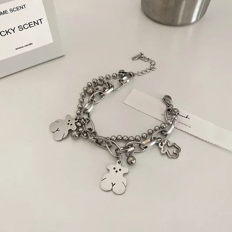 

2021 fashion stainless steel cute animal bear charm bracelet