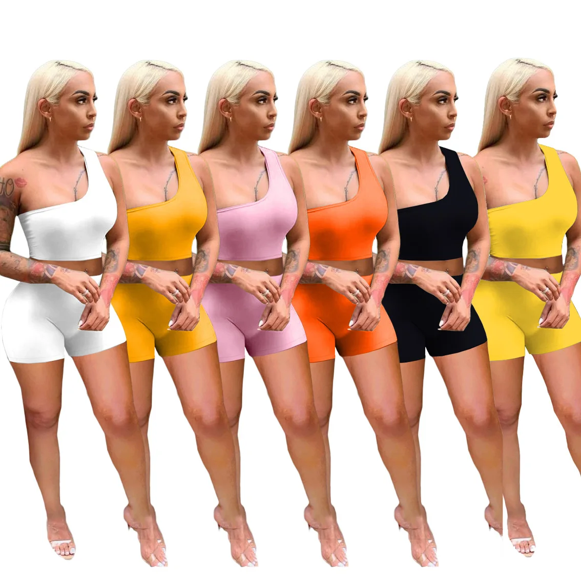 

New Fashion Ladies One Shoulder High Waist Cute Outfits For Women Solid Color Women Two Piece Set, Lemon yellow,orange,yellow