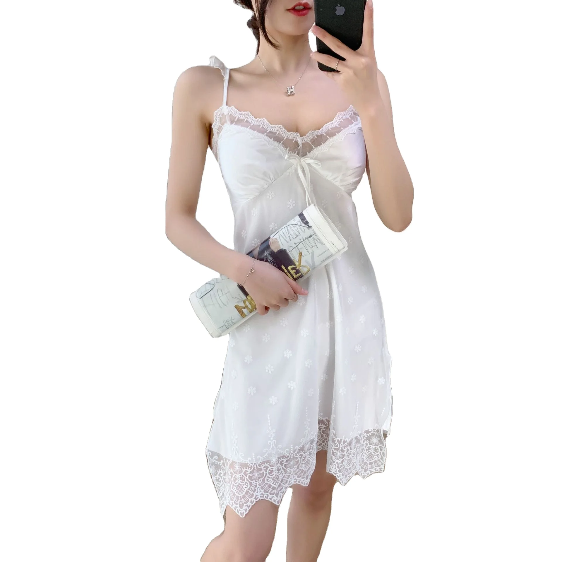 

Appealing Home Service Lace thin suspender nightdress Summer V-neck ice silk sexy fashion pajamas