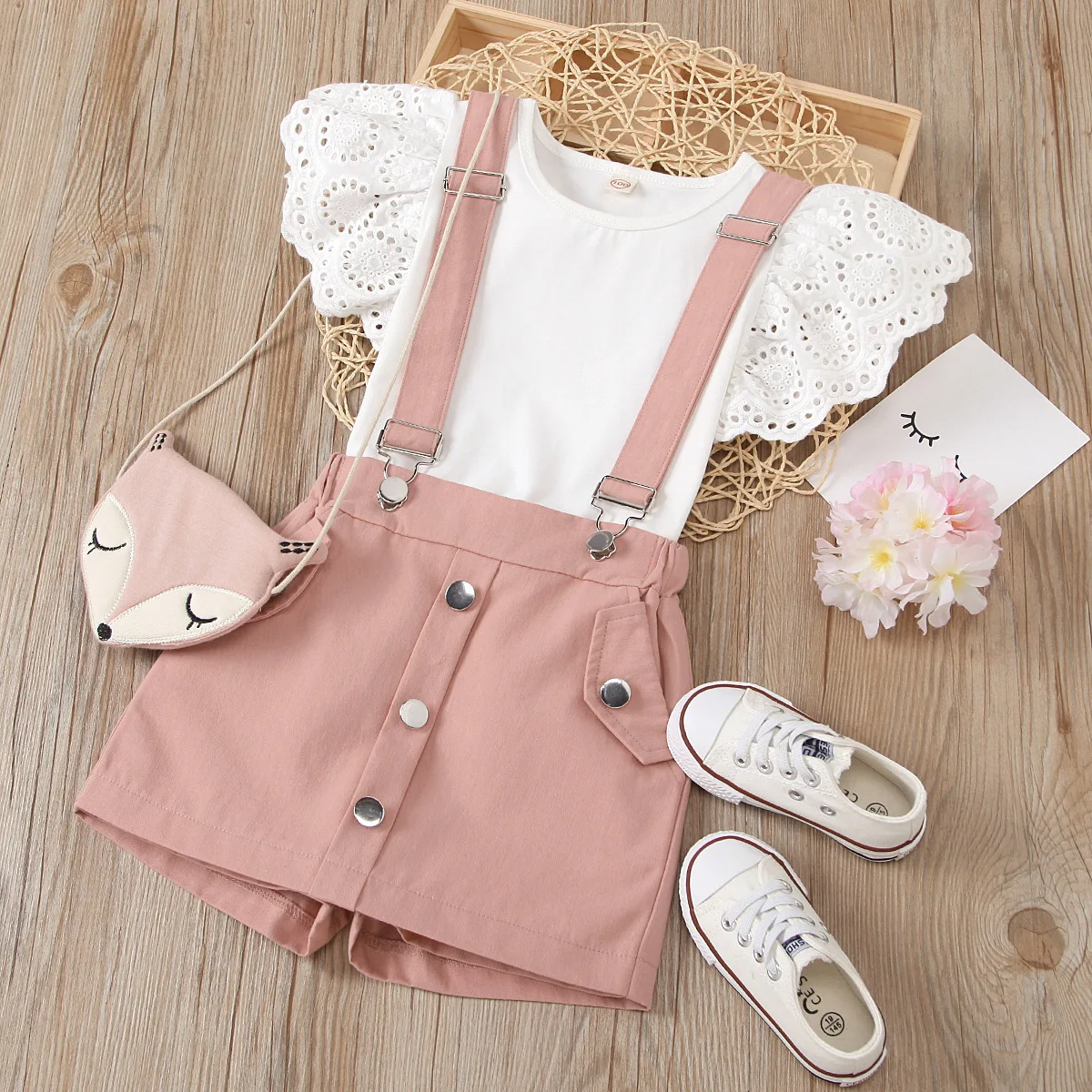 

High-quality children's outfit girls solid color hollow flying sleeve round neck top with detachable strap shorts skirt 2pcs/set, 4 colors