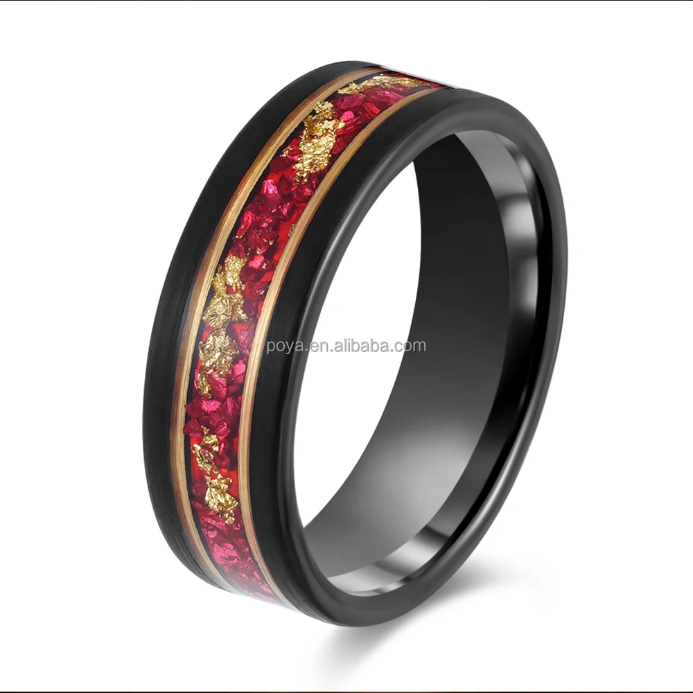 POYA Vintage 8mm Black Tungsten Ring With Rose Gold Leaf &Crushed Red Ruby Inlay for Wedding Engagement or Gift
