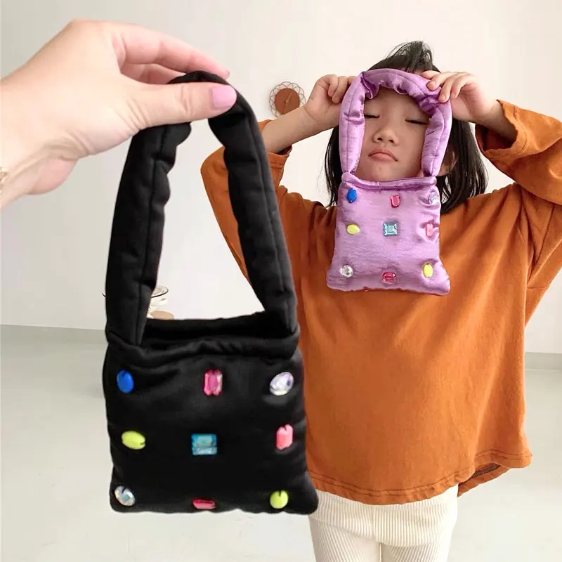 

Korea IG niche design satin bag hand-stitched colored gemstones small square bag shoulder and armpit bag, Customized color