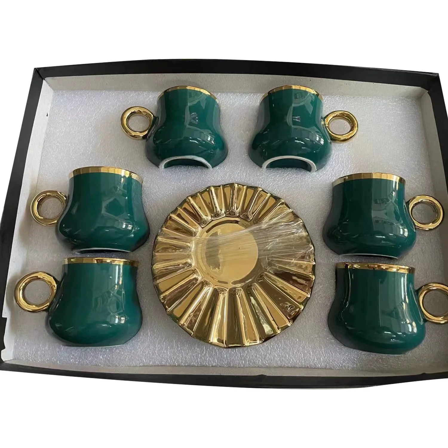 

Phnom Penh wholesale 6 cups 6 dishes ceramic tea set green red white yellow gold ceramic coffee cups set with saucer, Customized color