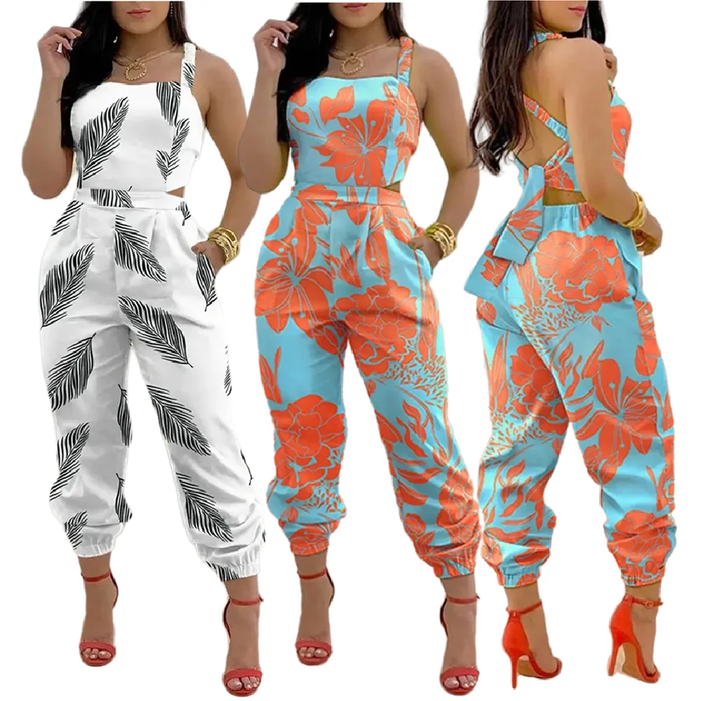XY1005 High Quality Women Summer Jumpsuit Suspender Backless Bowknot Print One Piece Jumpsuits for Women 2022