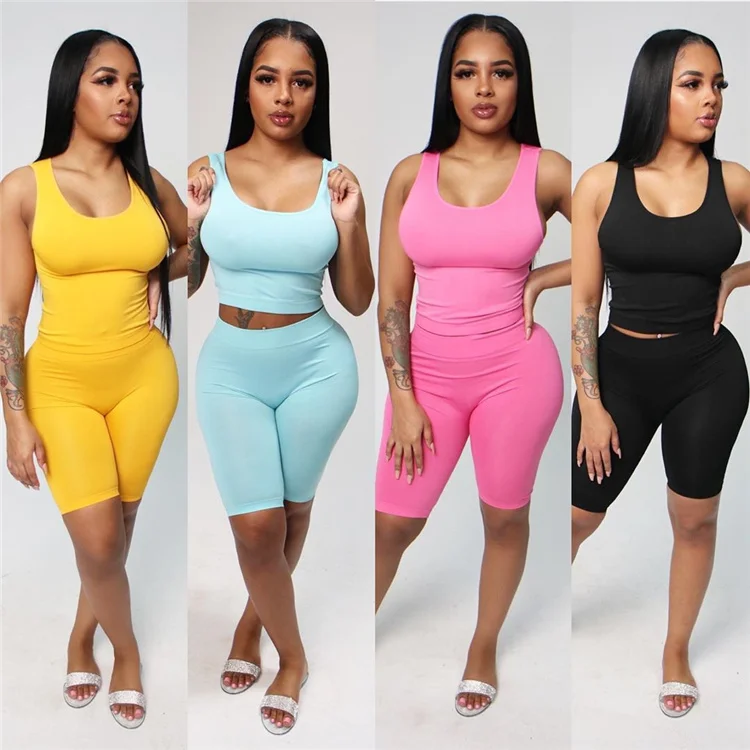 

2002042 Summer Short Sleeve Multicolor Solid Color Sports 2 pieces outfits two piece short set pants clothing for womens