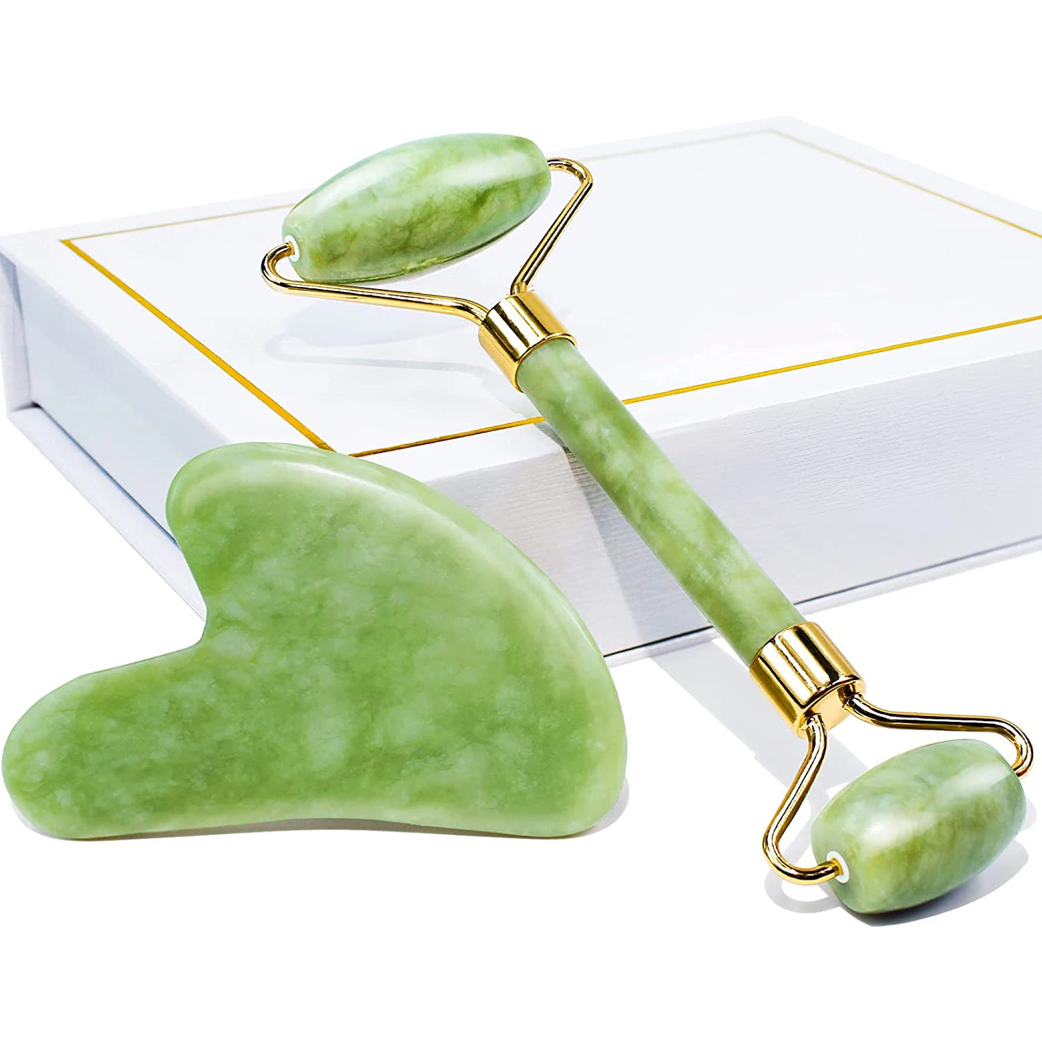 

custom logo jade roller set green facial gua sha massage tool full face natural guasha quartz stone massaging beauty roller kit