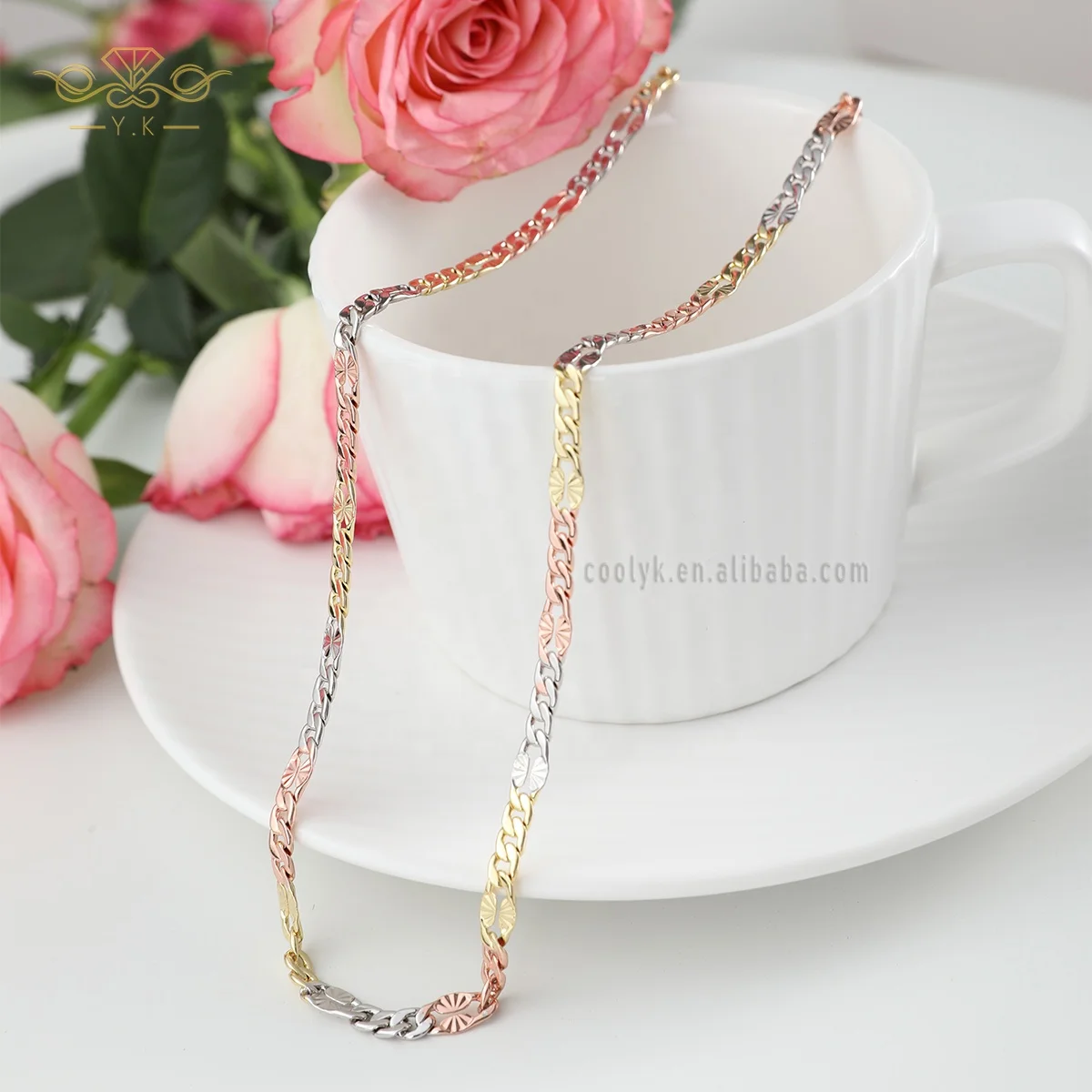 

Oro Laminado Gold Filled Tri Color Figaro Chains Solid 10k 14k 18k 24k Tri-Tone Gold Diamond Cut Chain Necklace for Women