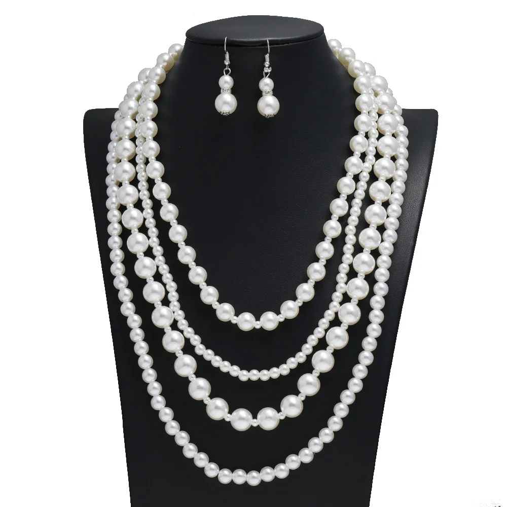 

Women Elegant Pearl Jewelry Set Bead Cluster Collar Bib Long Choker Necklace and Earrings