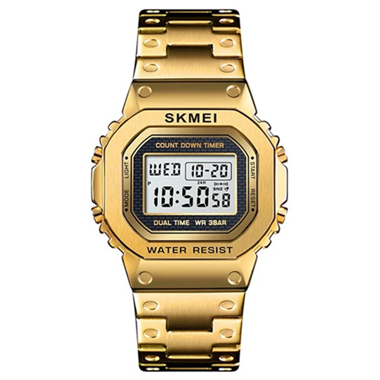 

SKMEI 1456 Men Stainless Steel Fashion Military Watches Week Date Back Light Waterproof Digital Wrist Watch, As picture