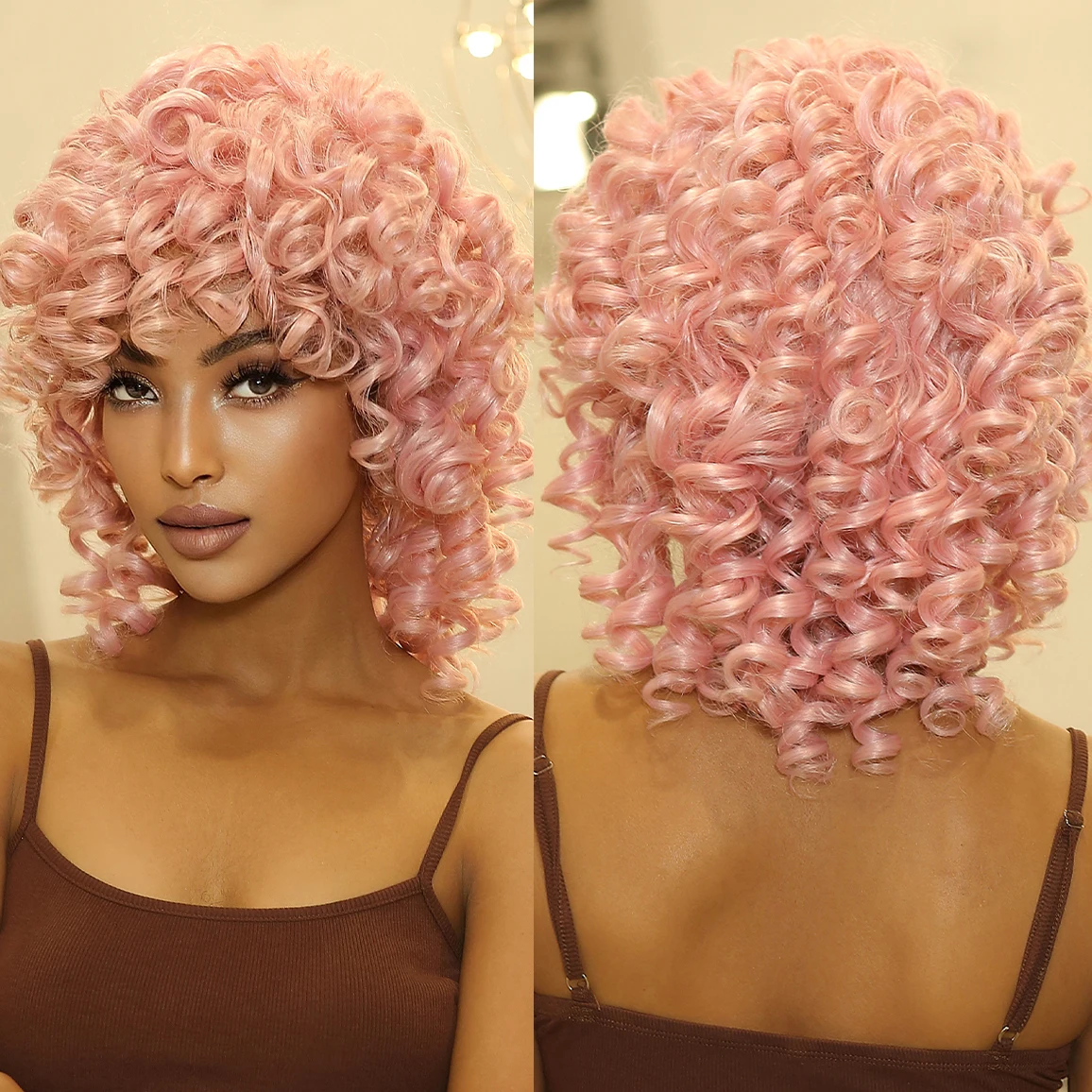 In-stock MOQ1 Short Kinky Curly Synthetic Wigs Afro Pink Wig Fluffy Bomb Big Bouncy for Black Women
