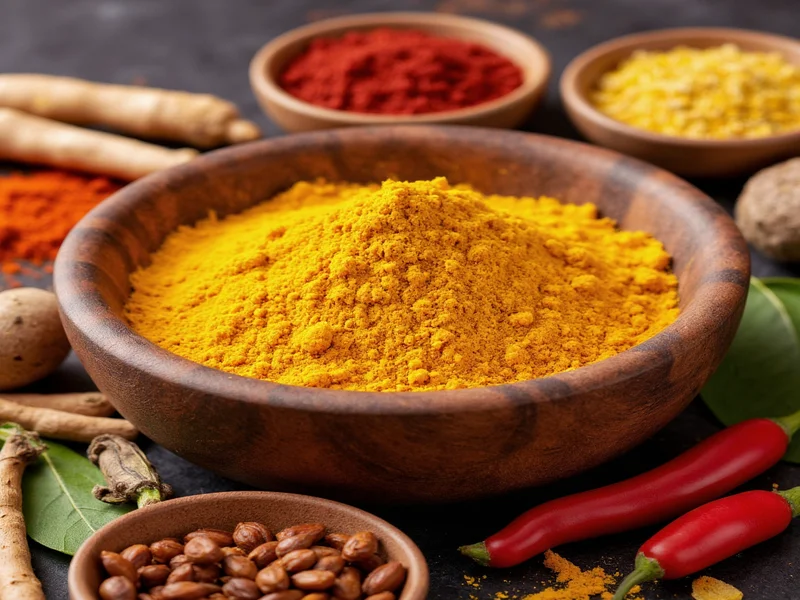 Homemade curry powder in bowl surrounded by whole spices