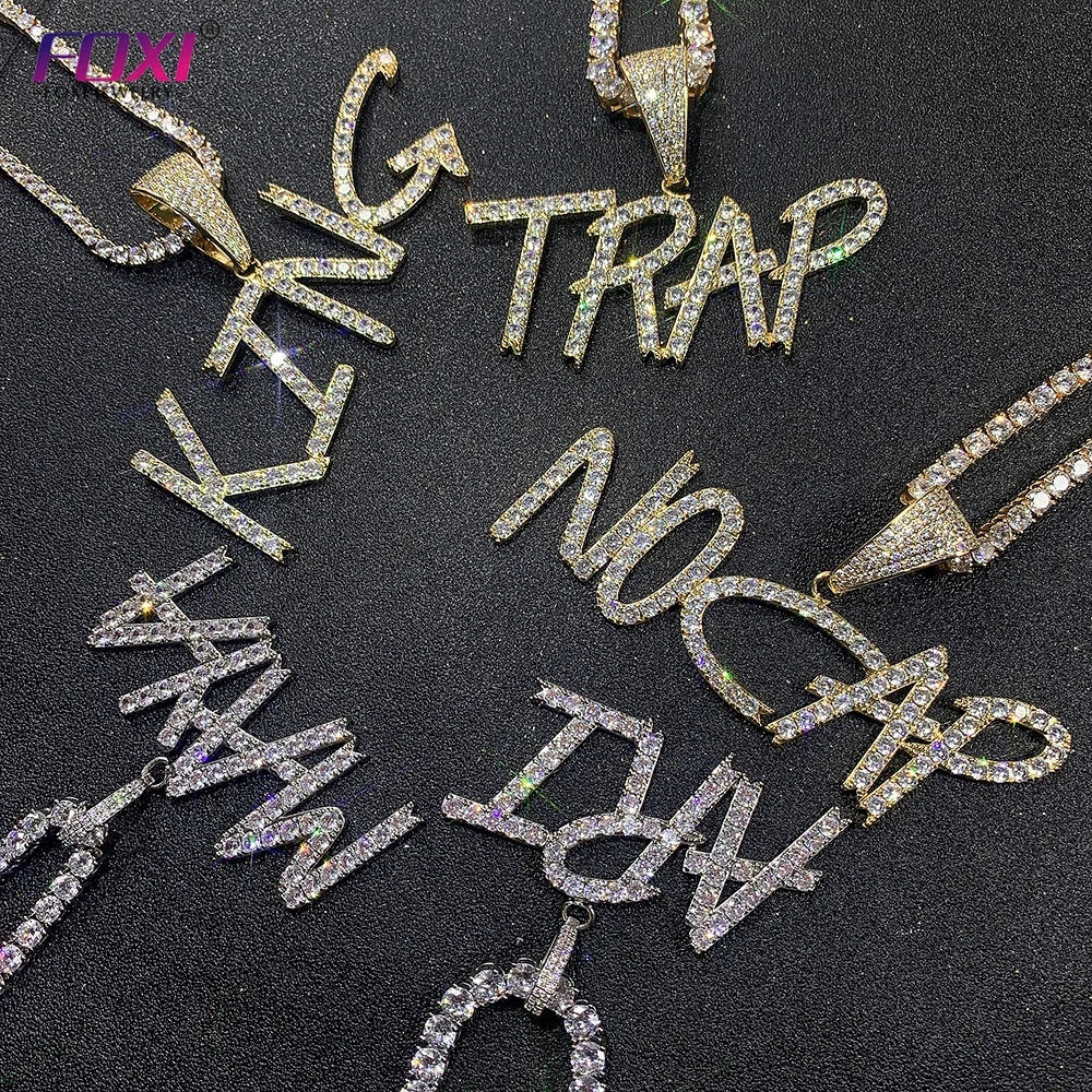 

Free Shipping Hiphop Iced Out Old Cursive Font Initial Letter Custom Name Plate Pendant Charm Cuban Chain Necklace