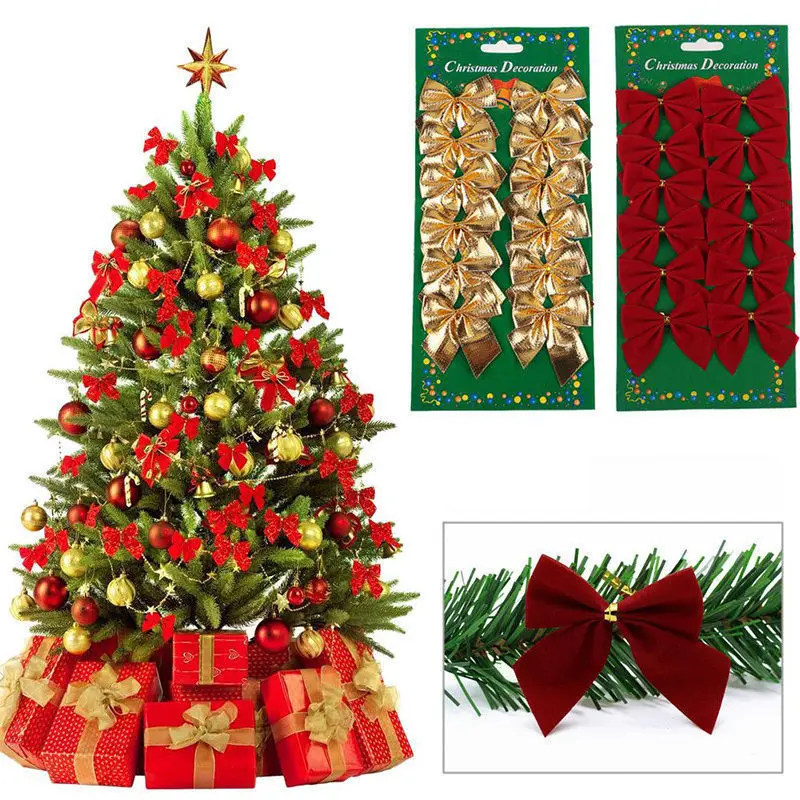 12pcs Christmas Bows Christmas Hanging Decorations Gold Red Bowknot Christmas Tree Ornaments New Year 2020 Navidad Kerst Decor