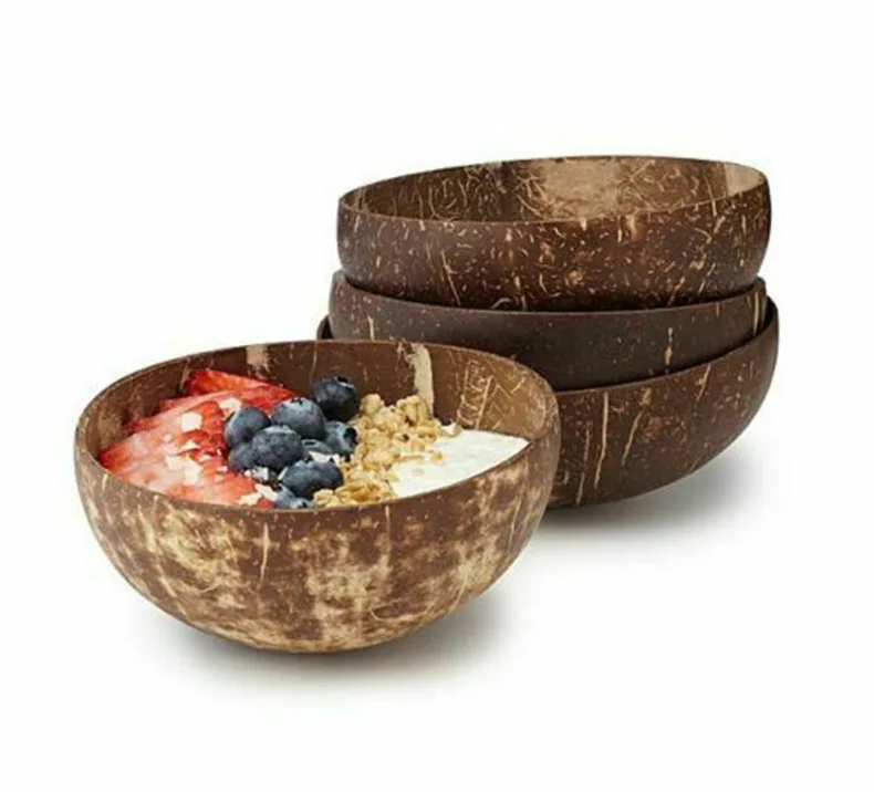 

mini coconut shell bowl wholesale low MOQ high quality natural healthy salad bowl with custom utensils set, Natural coconut shell color, as the picture