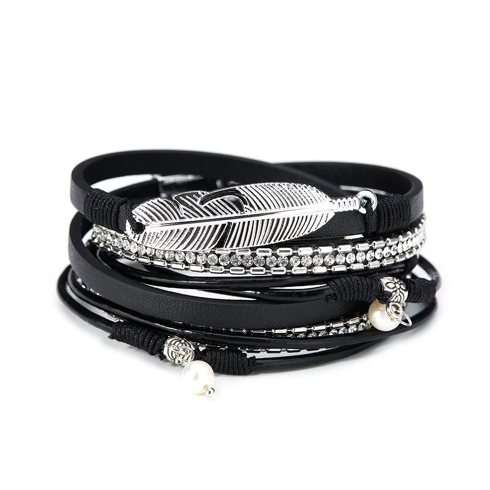 

Alloy Magnetic Buckle Feather Charm Link Chain Steel Pearl Leather Fashion Hand Jewelry Women Leather Bracelet