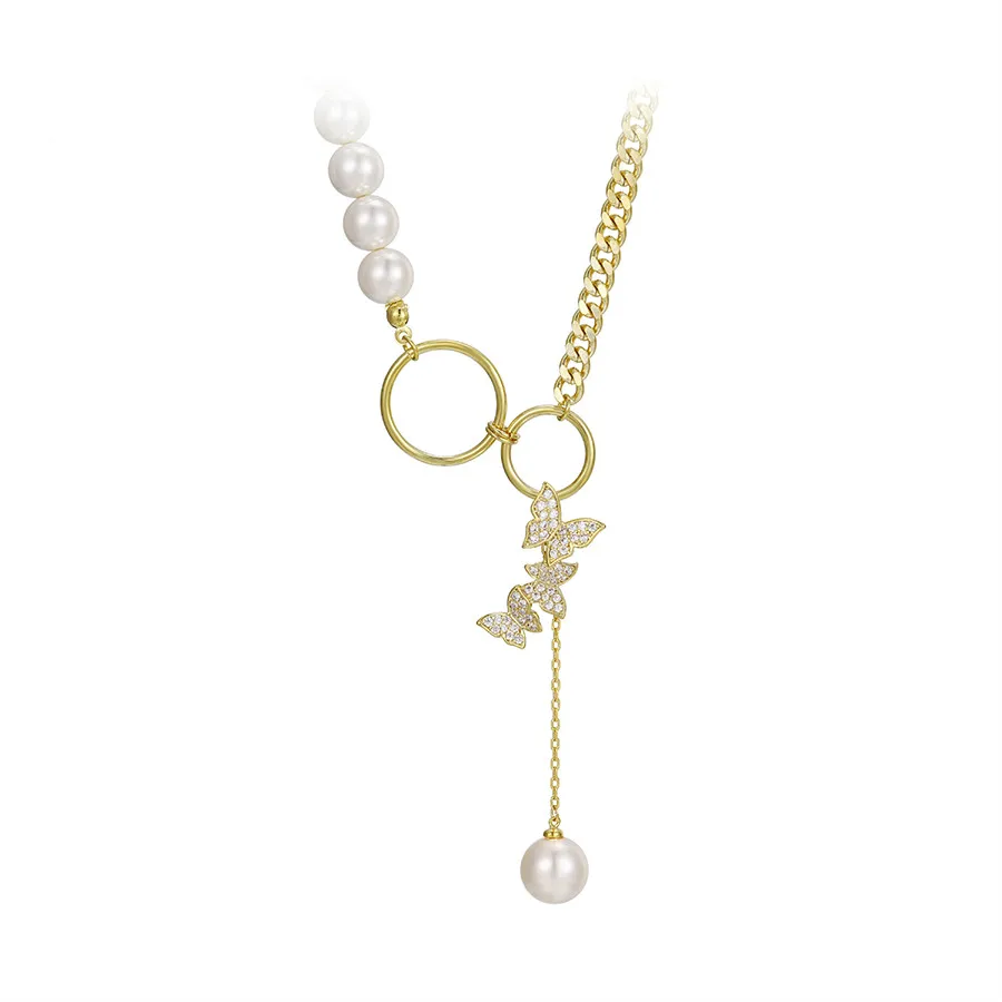 

YMnecklace-01400 Xu Ping jewelry exquisite design personality small butterfly pearl chain long 14K gold necklace