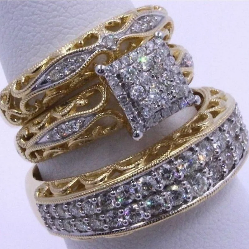 

2020 New Fashion 3 Piece Luxury Couple Ring Zircon Diamond Wedding Ring Cyrstal Finger Ring Set, As picture/custom color