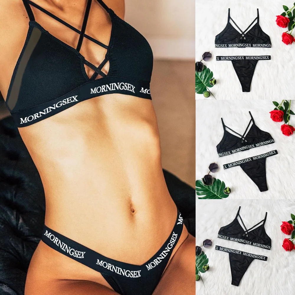 

Sexy Strappy Bra & Brief Sets Women's Lingerie Bandage Letter Print MORNINGSEX Strappy Bralette Big Size Bra Panty Bikini Set