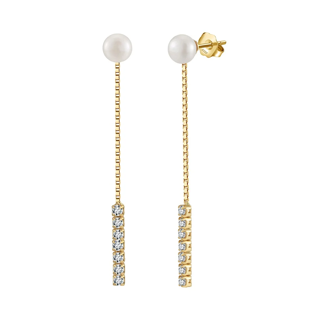RINNTIN GPE112 925 Sterling Silver Natural Freshwater Pearl Earrings with Cubic Zirconia Dangle Drop Earrings Jewelry