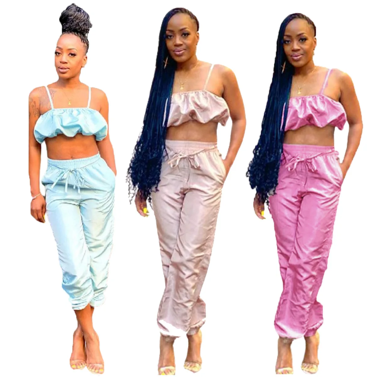 

S-XXL Summer macaron color sky-blue gray pink casual fashion bubble halter with nine split short pants two piece for women