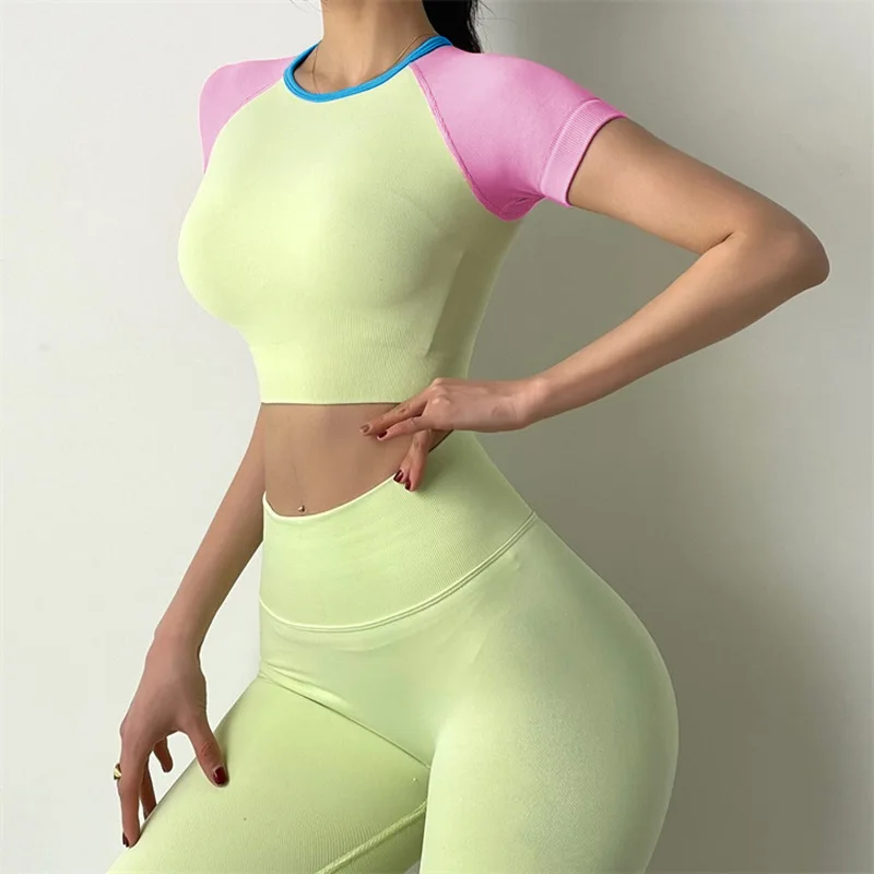 

Candy color stitching net red short sleeve sports T-shirt quick drying running fitness clothes top sports yoga clothes